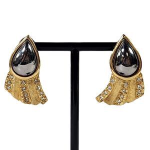 Hematite & Rhinestone Teardrop Earrings Gold LG Post Art Deco Style Jewelry VTG